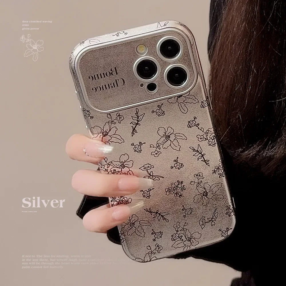 

Sketch Flowers Phone Case, Silver Leather, For iPhone 13, 12Pro, 11, Premium Sense, 16, 15, 14Pro, Max