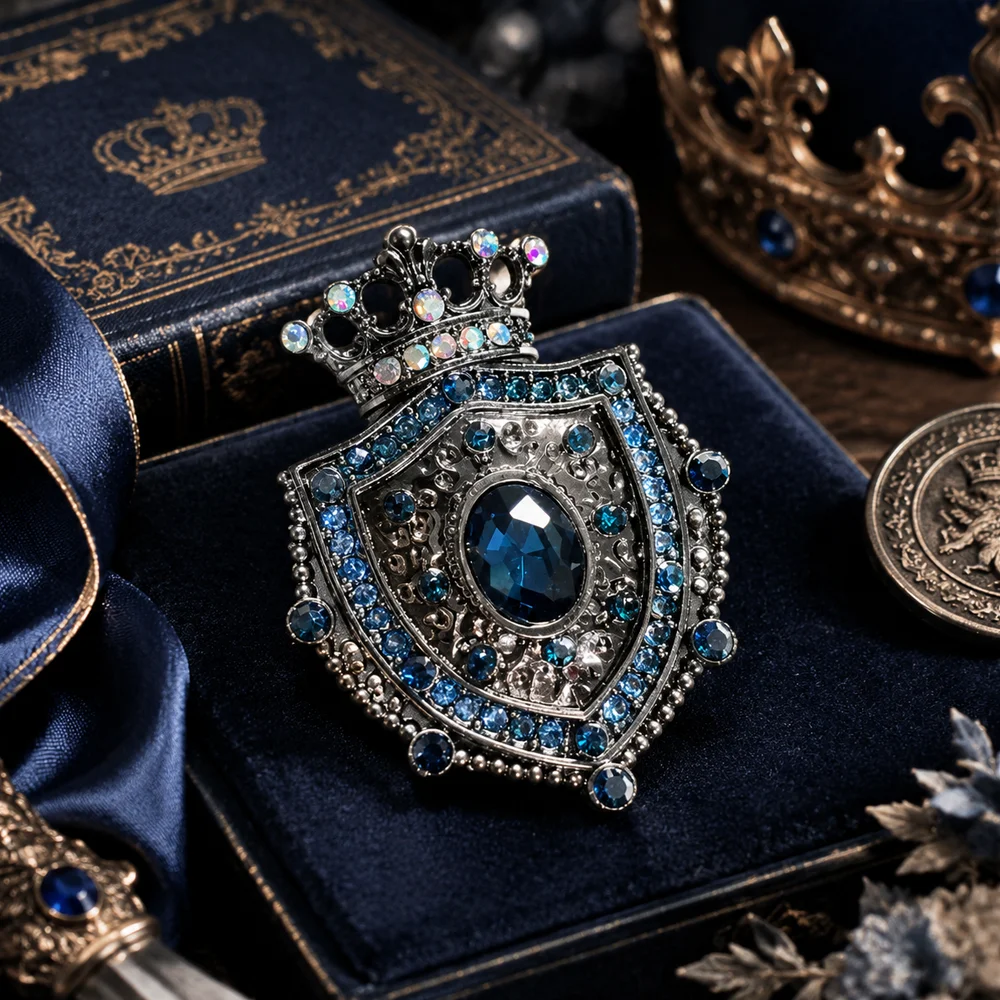 Vintage Crown Shield Brooch Blue Crystal Rhinestone Inlaid Antique Silver Alloy Pin Baroque Style Suit Coat Brooch Jewelry