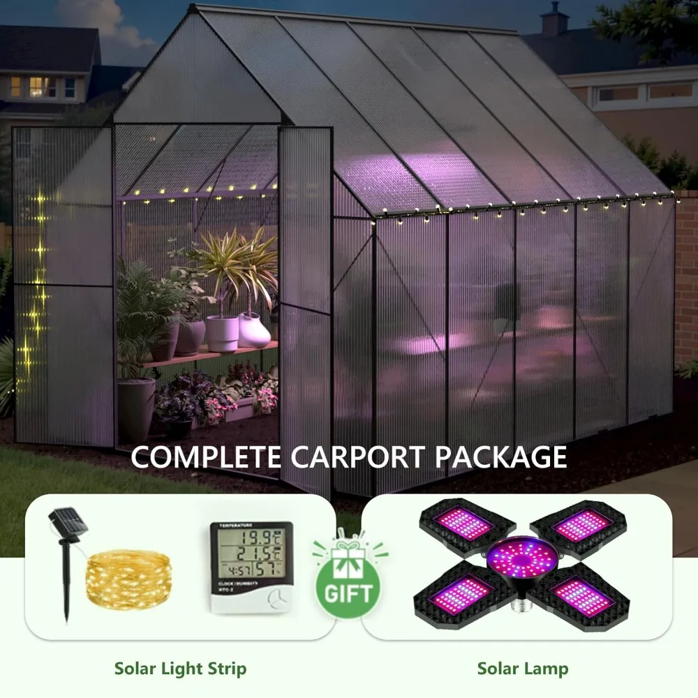 8x10 FT Greenhouse for Outdoors, Heavy Duty Polycarbonate Greenhouse, Large Walk-in Greenhouse with Roof Vent, Hot House