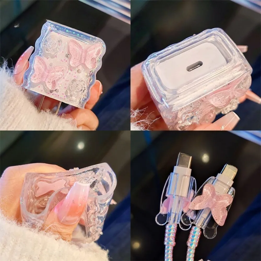 Pink Crystal Butterfly Charging Data Cable Protector Winder Accessories for iPhone 18/20w Cartoon Charger Protective Cover