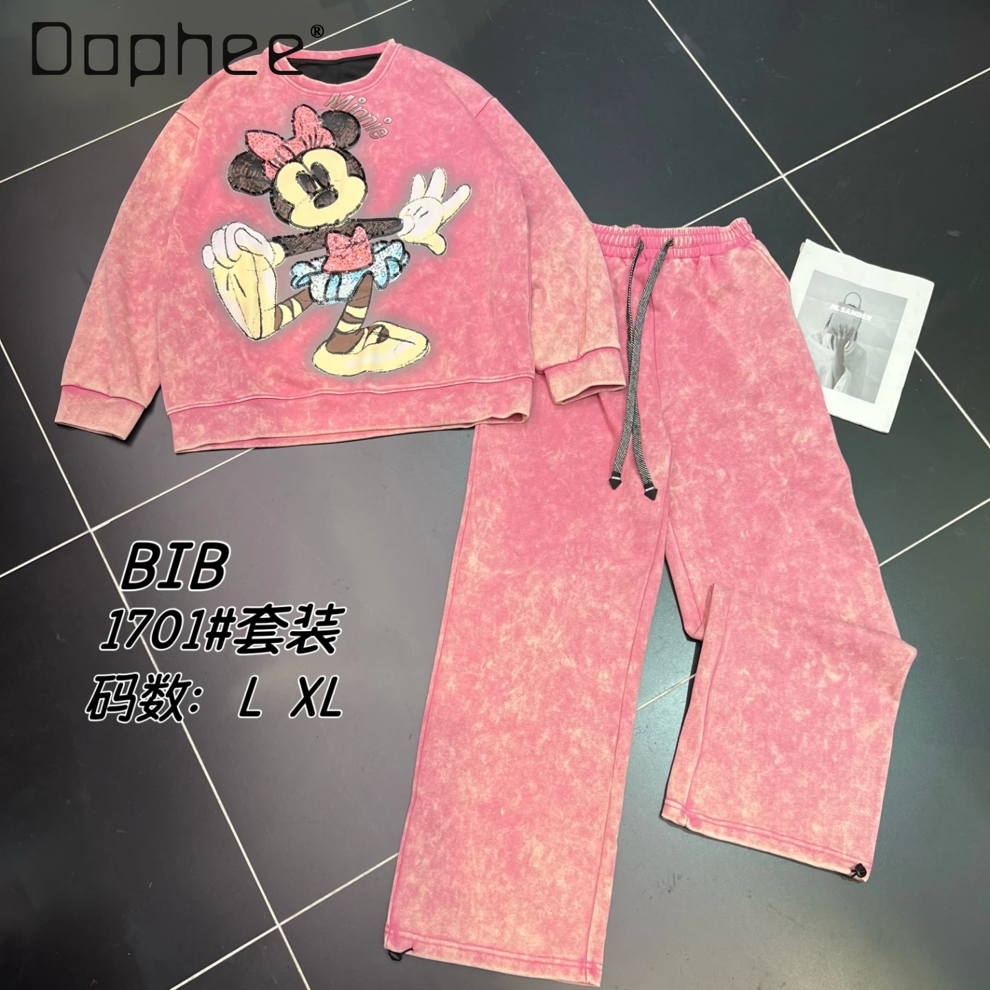 

Autumn New Wash Cotton Cartoon Print Loose Oversized Sweatshirt Casual Sports Set Top and Pant Two Piece Sets Womens Outifits