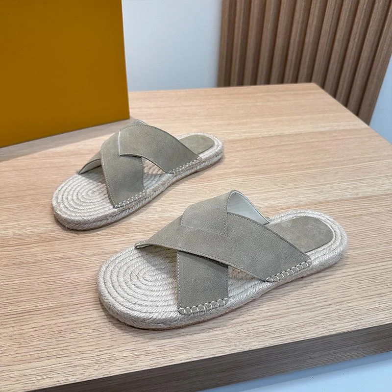 High-End Handmade Casual Slippers Velvet Surface Summer New Flat Bottom Grass Rope Bottom Outdoor Breathable Men's Sandals
