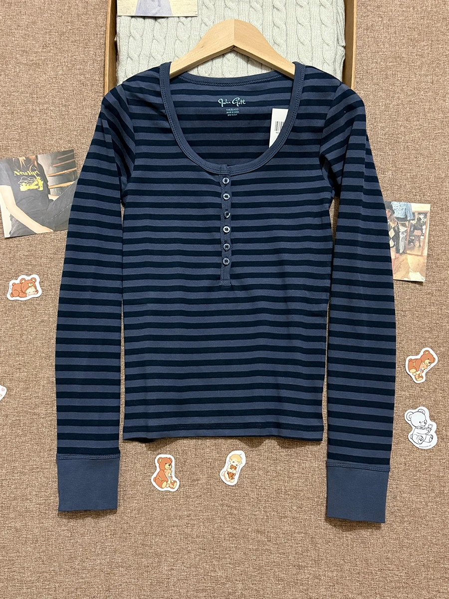 

Navy Striped Six Buttons Long Sleeve Tees Women Spring Casual Chic Cotton T-shirt Cute Preppy Style Slim Tshirts Y2K Zelly Top