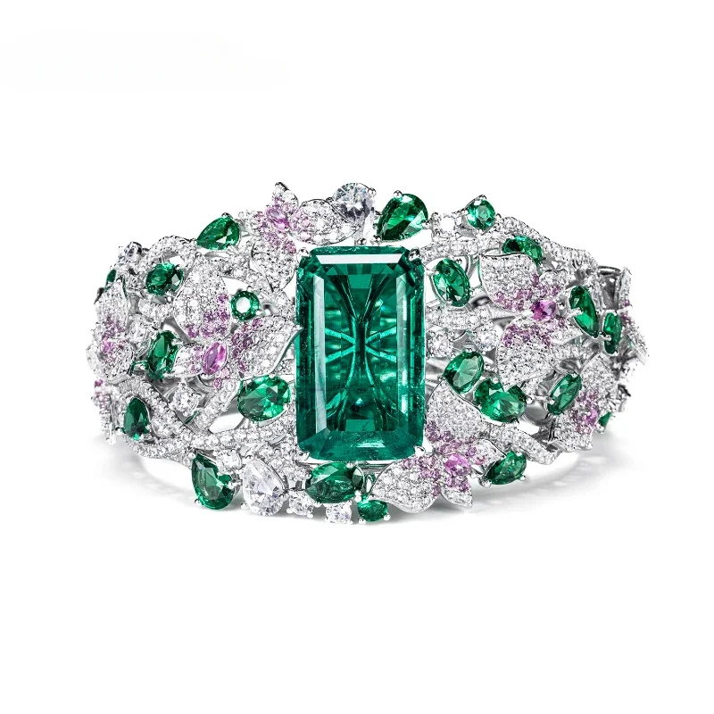 Bellux 925 Silver Gold-plated Emerald Bracelet High-end Jewelry Luxury Banquet Flower Green Leaf Vine Bangle