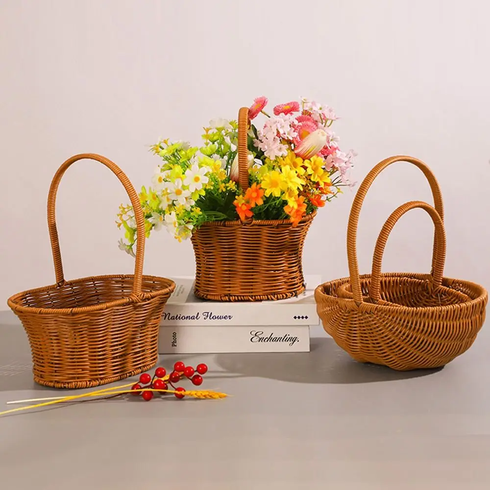 Gift Imitation Rattan Handhold Weaving Basket Brown with Handle Braid Storage Baskets Living Room Home Decoration Hanging Basket