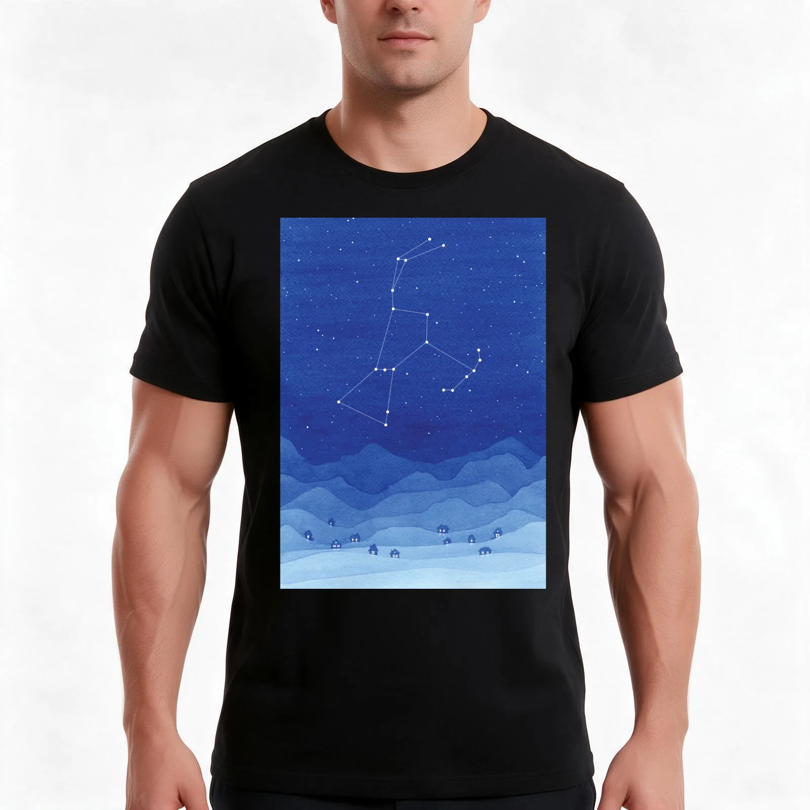 Orion Constellation, Mountains T-Shirt, Summer Casual Cotton Tee, Oversized Streetwear Tops, Vintage Graphic Print, 100% Cotton