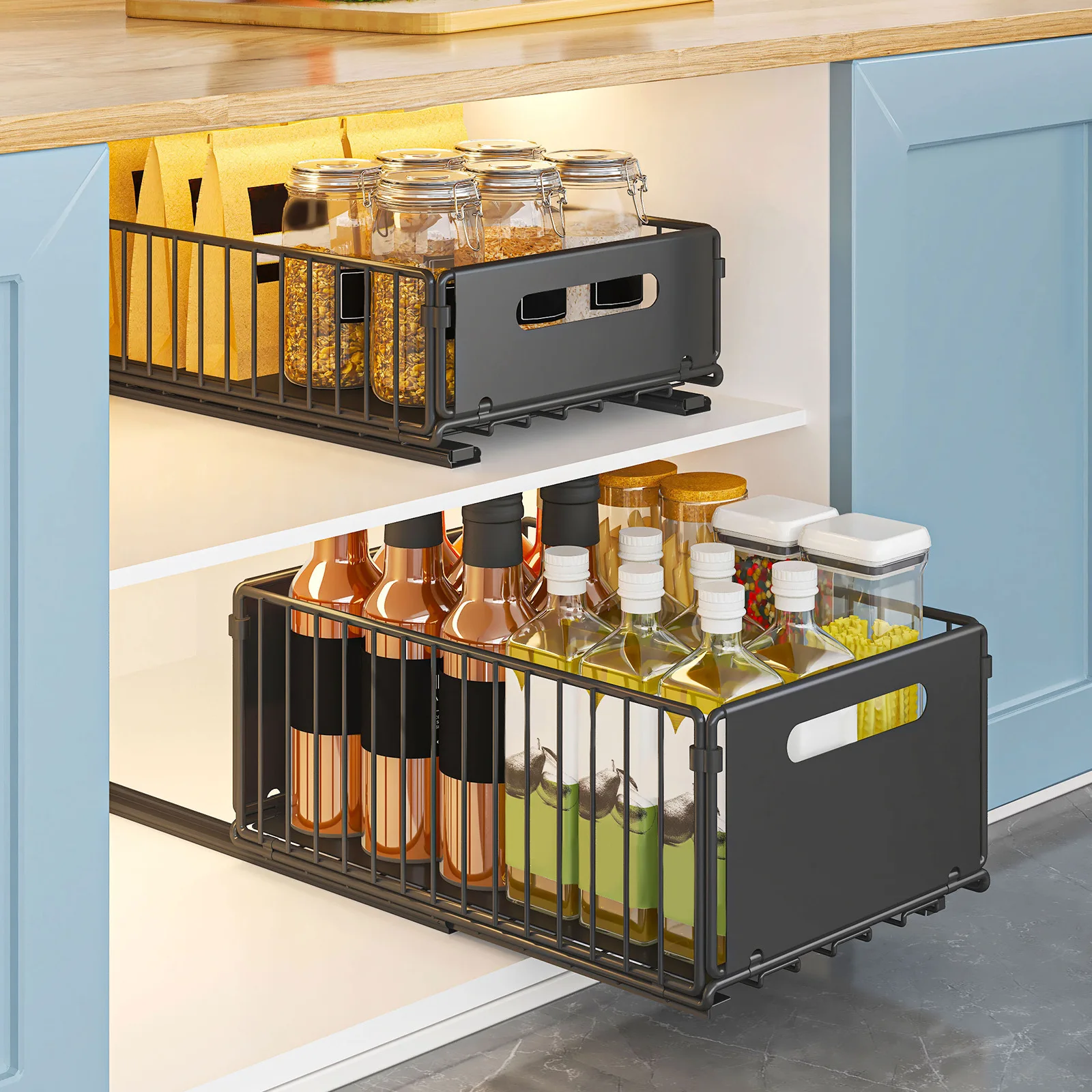 

Cabinet Pull Out Organizer, Deep Cabinet Organizer and Storage Baskets for Kitchen Pantry, Bathroom, Under Sink Organizer
