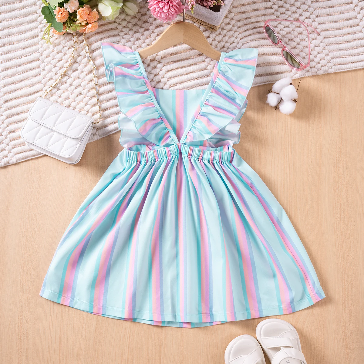 Elegant Summer Flying Sleeve A-line Striped Dress With Bow, Girl\'s Daily Casual Dress, Summer Gift Wholesale