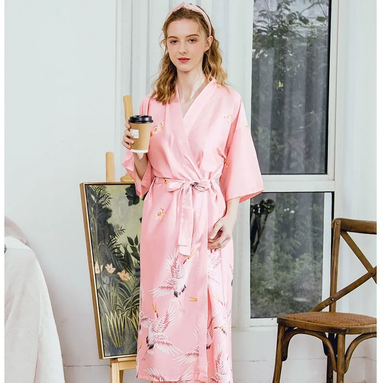 Bata Kimono de satén para mujer, ropa de dormir con estampado de grulla, camisón de boda, lencería Sexy para el hogar