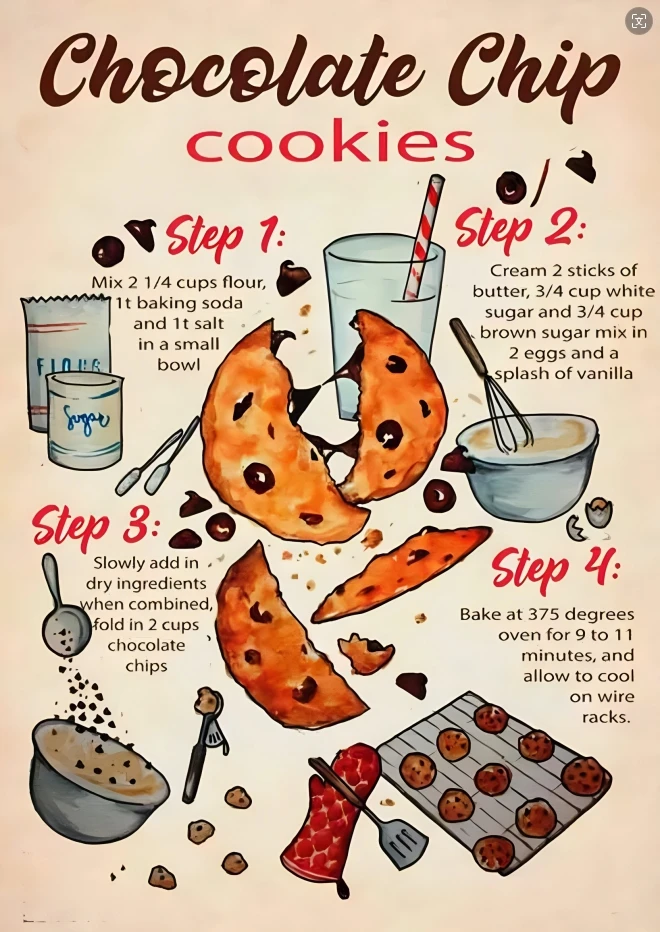 Chocolate Chip Cookies Production Method and Process,Metal Plaques Vintage Decor Posters, Kitchen Dessert Shop Bakery Home Decor