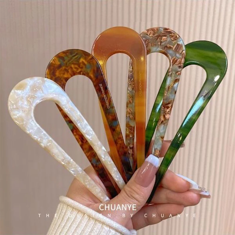 1Pc 13cm Bright Color U-Shaped Hair Forks Acetate Premium Hairpins for Women French Twist Pins Styling Hair Accessories