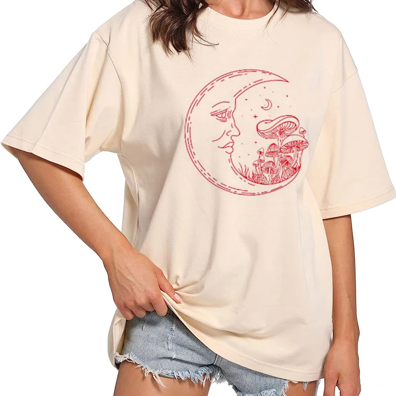 Moon Mushroom Painting T-Shirt Women Summer Casual Oversized Vacation Beach T Shirt Cute Aesthetic Holiday Tops