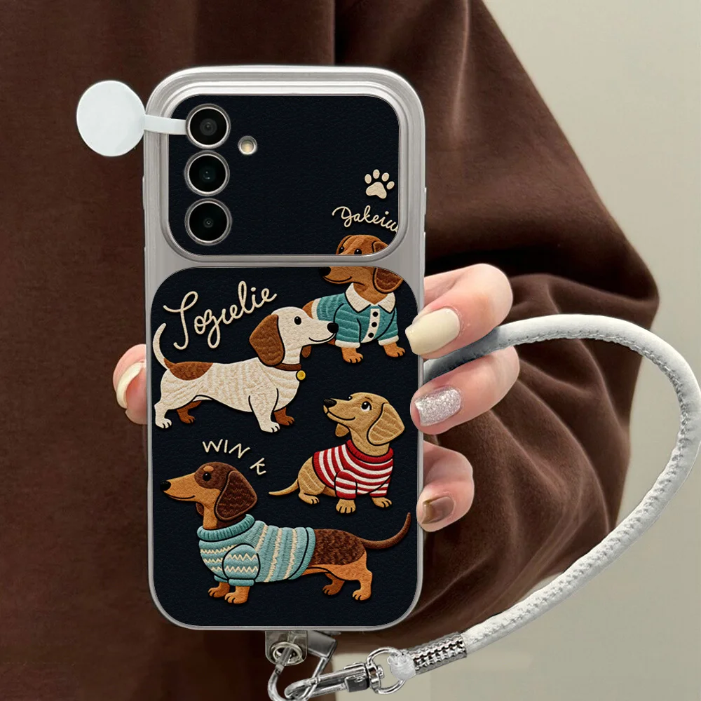 Cartoon Dachshund Phone Case For Samsung A56 A55 A57 A36 A37 A27 A26 A17 A16 A07 S26 Ultra S24 S25 FE Plus Lychee Leather Cover