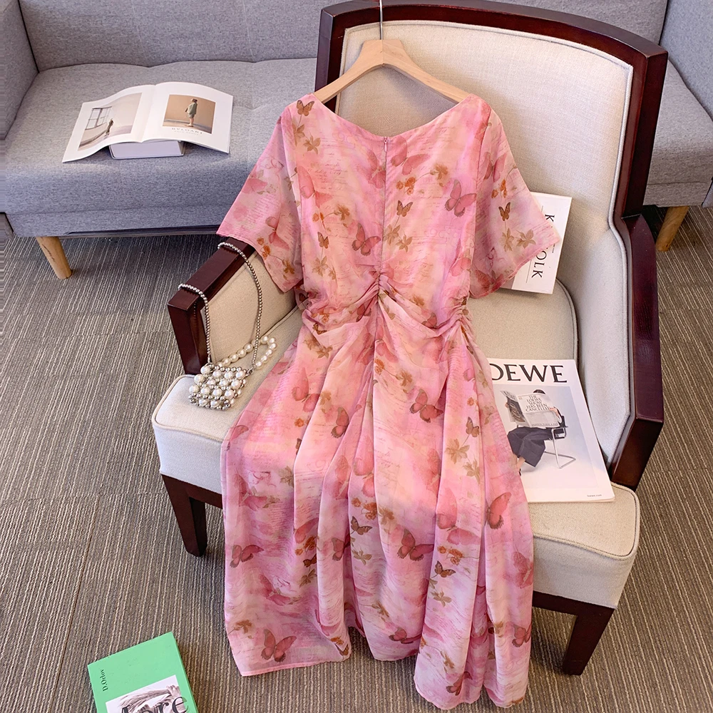 Plus-size women's summer leisure commute loose comfortable dress chiffon pattern butterfly print pleated short sleeve long dress