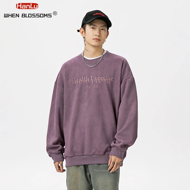 HANLU Texture Suede Letter Embroidered Round Neck Sweatshirt For Men\'s 2024 Autumn New American High Street Loose Hoodies