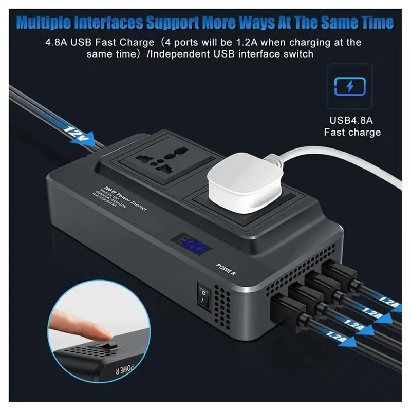 A13Z-Universal 200W LED Car Power Bank DC To AC Voltage Inverter Pure Sine Wave Battery Converter Auto Charger