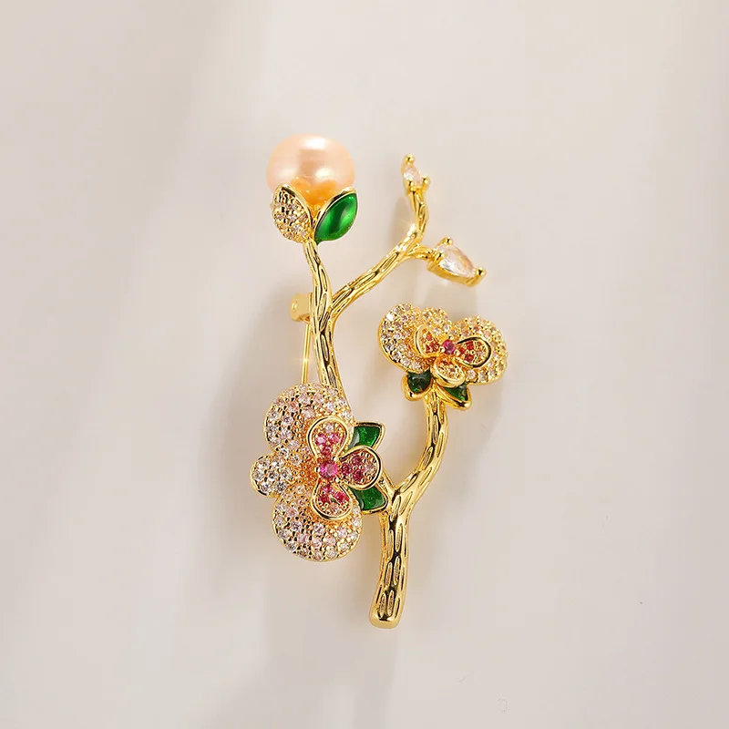 بروش زهر البرقوق، الزركون ولؤلؤ المياه العذبة، دبوس معطف أنيق للنساء #2