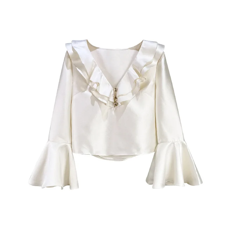 

【Gift Free】2026 Early Spring Designer Ruffled V-Neck Taffeta Satin Blouse with Flared Sleeves in Ivory Sweet Elegant Style