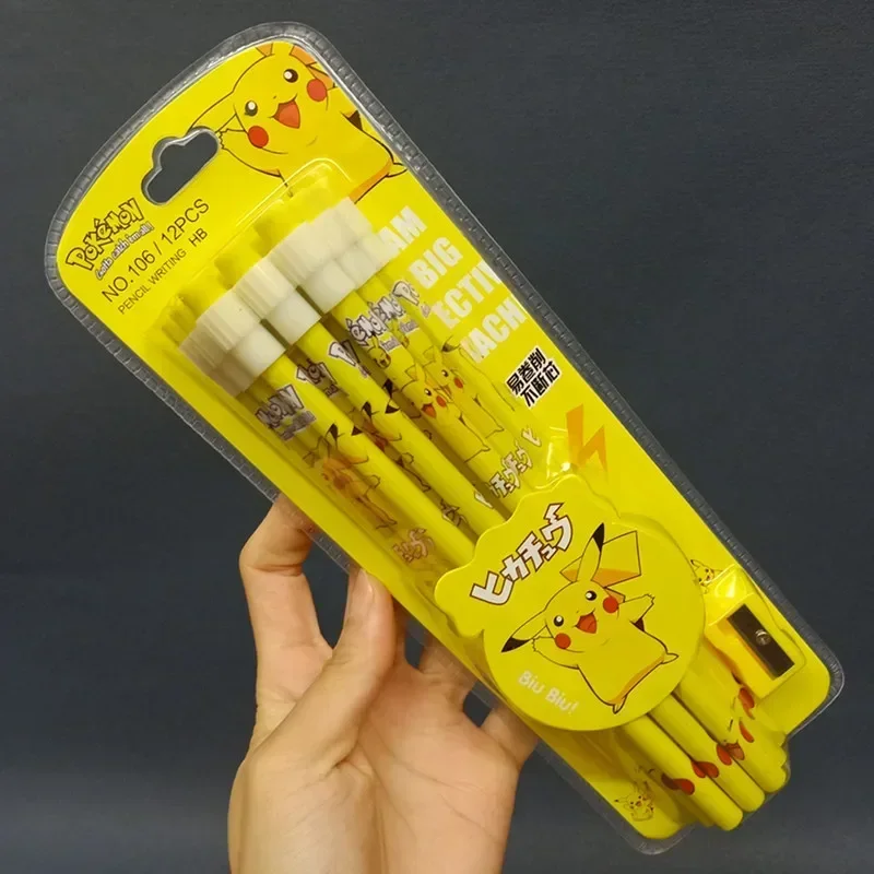 Ensemble de crayons en bois Pokémon HB, dessin animé Anime, gomme à crayons, école de papeterie pour enfants et étudiants, cadeaux d'ouverture, ensemble de 12 pièces