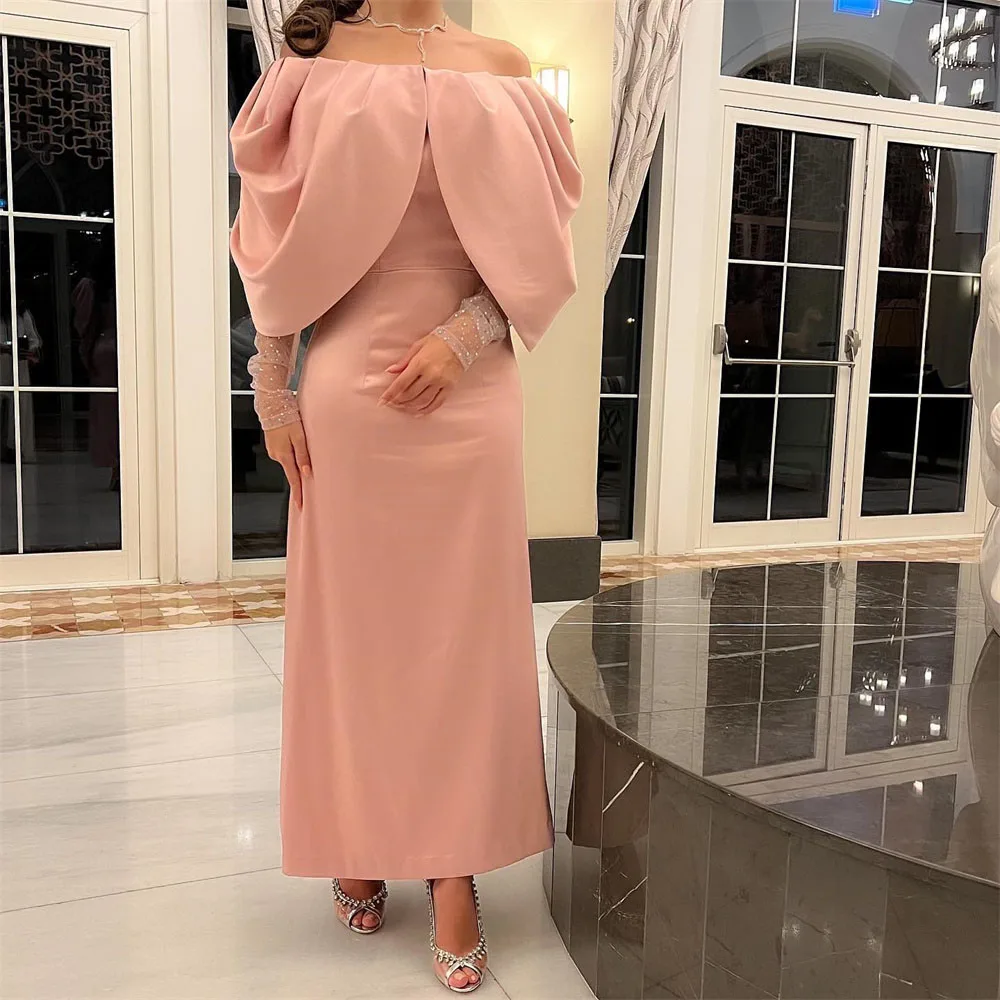 

Customized Boat Neck Pleat Prom Gown Ankle-Length Solid Color Simple Evening Dresses Modern Long Sleeves Party Dress فساتين للحف