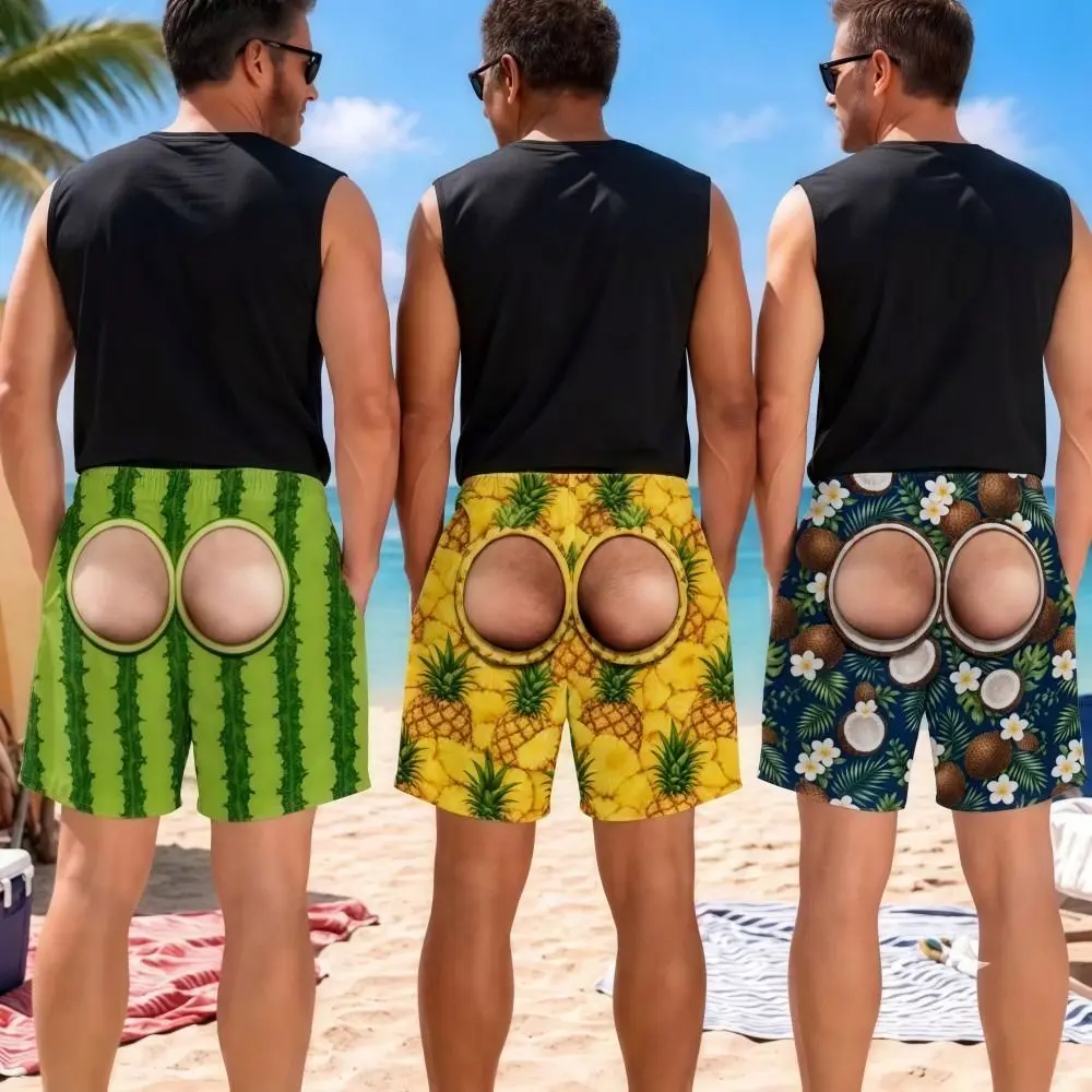 Loose-Fit Men Funny Board Shorts Elastic Breathable Print Beach Shorts Fruit-Themed Eye-Catching Novelty Swim Trunks