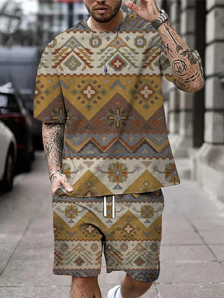 2024 neue Sommer Herren Kurzarm Shorts Set Straße jeden Tag lässig Herren T-Shirt Outdoor-Mode lose Shorts Bohemian Print