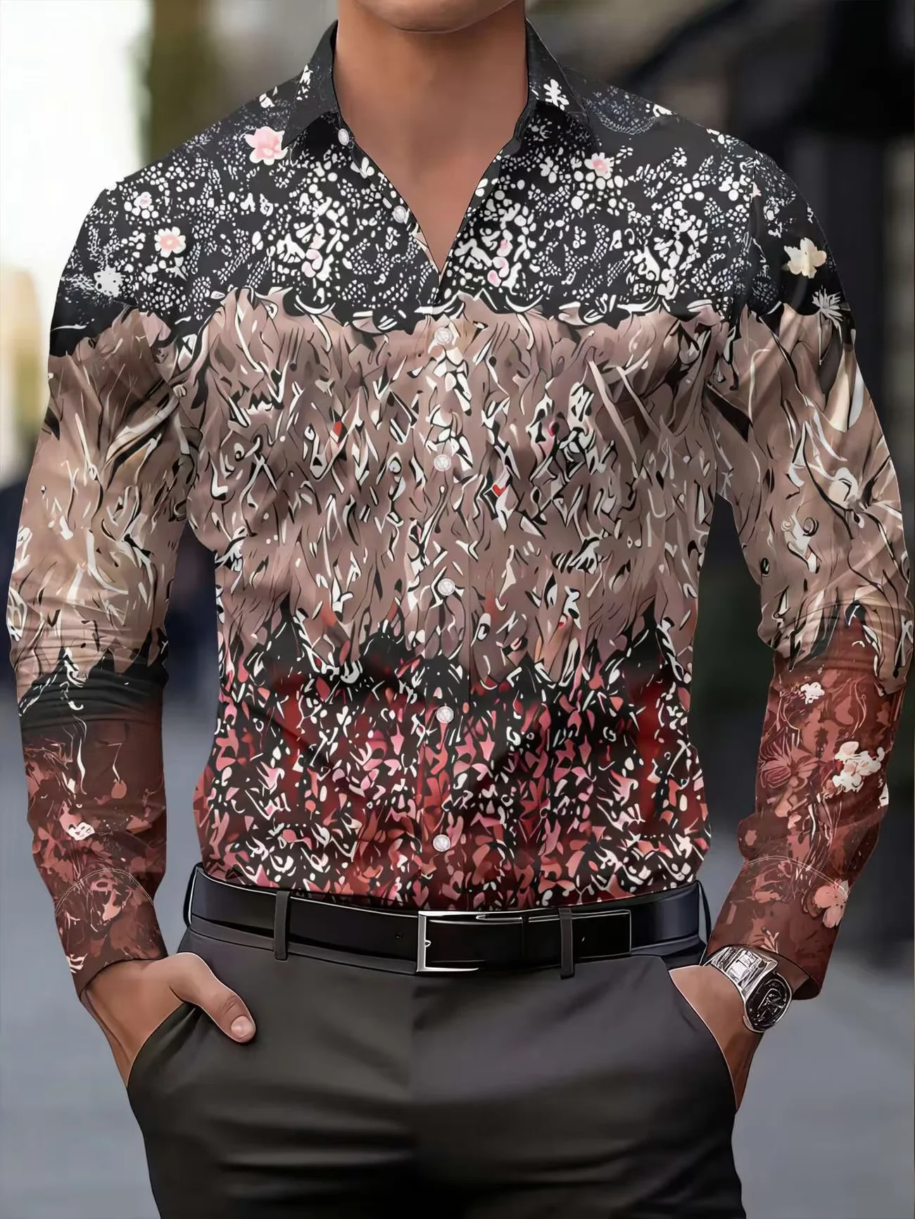 New Blue and White Street Graffiti Art Printed Men's Long Sleeve Shirt Trendy Brand Casual Flower Shirt
