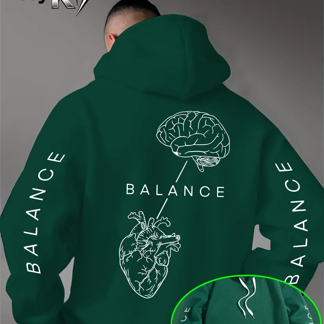 Men Brain Heart Balance Back & Sleeve Print Hoodie Loose Pocket Pullover Mind‑Heart Theme Streetwear Unisex Sweatshirt