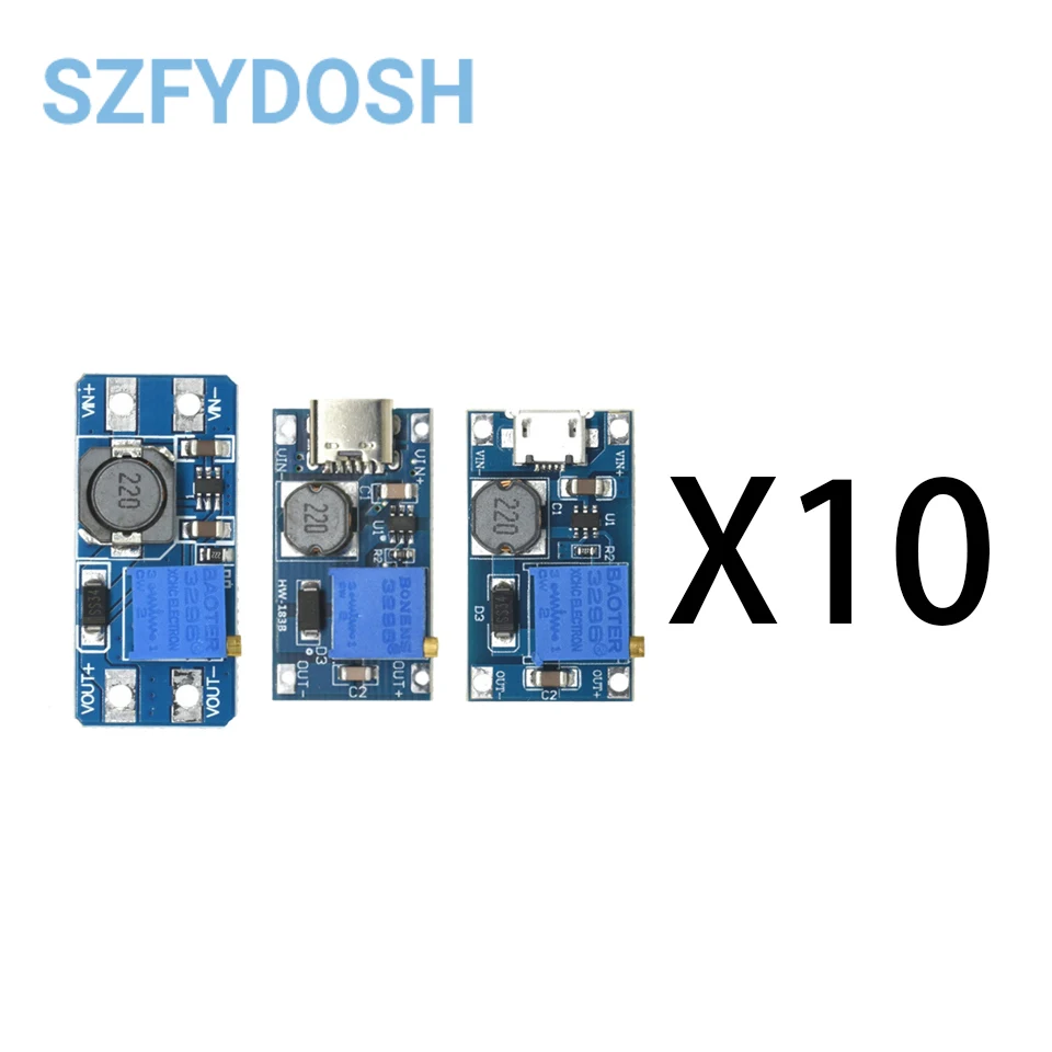 10Pcs MT3608 DC-DC TYPE-C Micro Adjustable Boost Module 2A DC DC Power Step Up Converter Module 2V-24V To 5V 9V 12V 28V