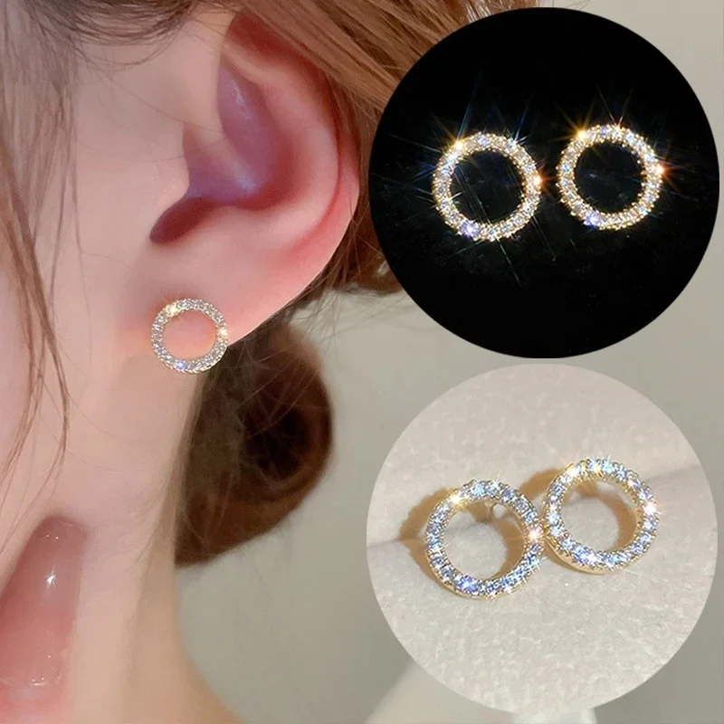 Korean Fashion Versatile Dazzling Circle Stud Earrings with Crystal Cubic Zirconia Minimalist Earrings for Teens Women's Jewelry