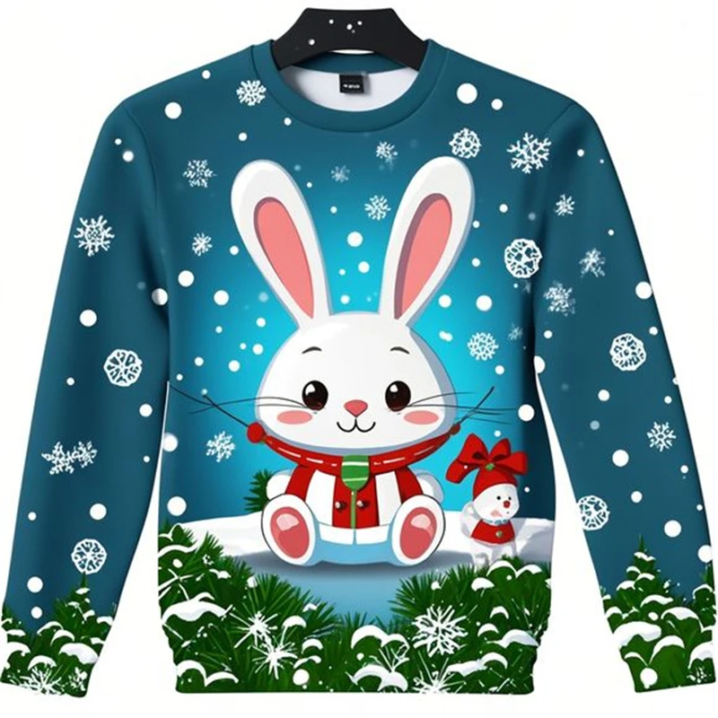 Cute Bunny 3D Printed Sweater Men Kids Oversized Long Sleeved Sweatshirt Cartoon Rabbit  Autumn Fashion Round Neck Pullovers Top