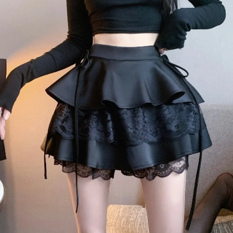 Gothic Sexy Ruffle Tiered Skirts Women Cute Lolita Style Lace Cake Skirt Girl Kawaii Clothes High Waist Solid A-Line Mini Skirt