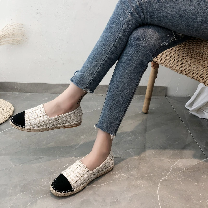 Women's Cloth Shoes Fashion Strip Plaid Tweed Straw Shoes Retro Flax Espadrilles Female Flats Slip-on Loafers Beach Casual Shoes