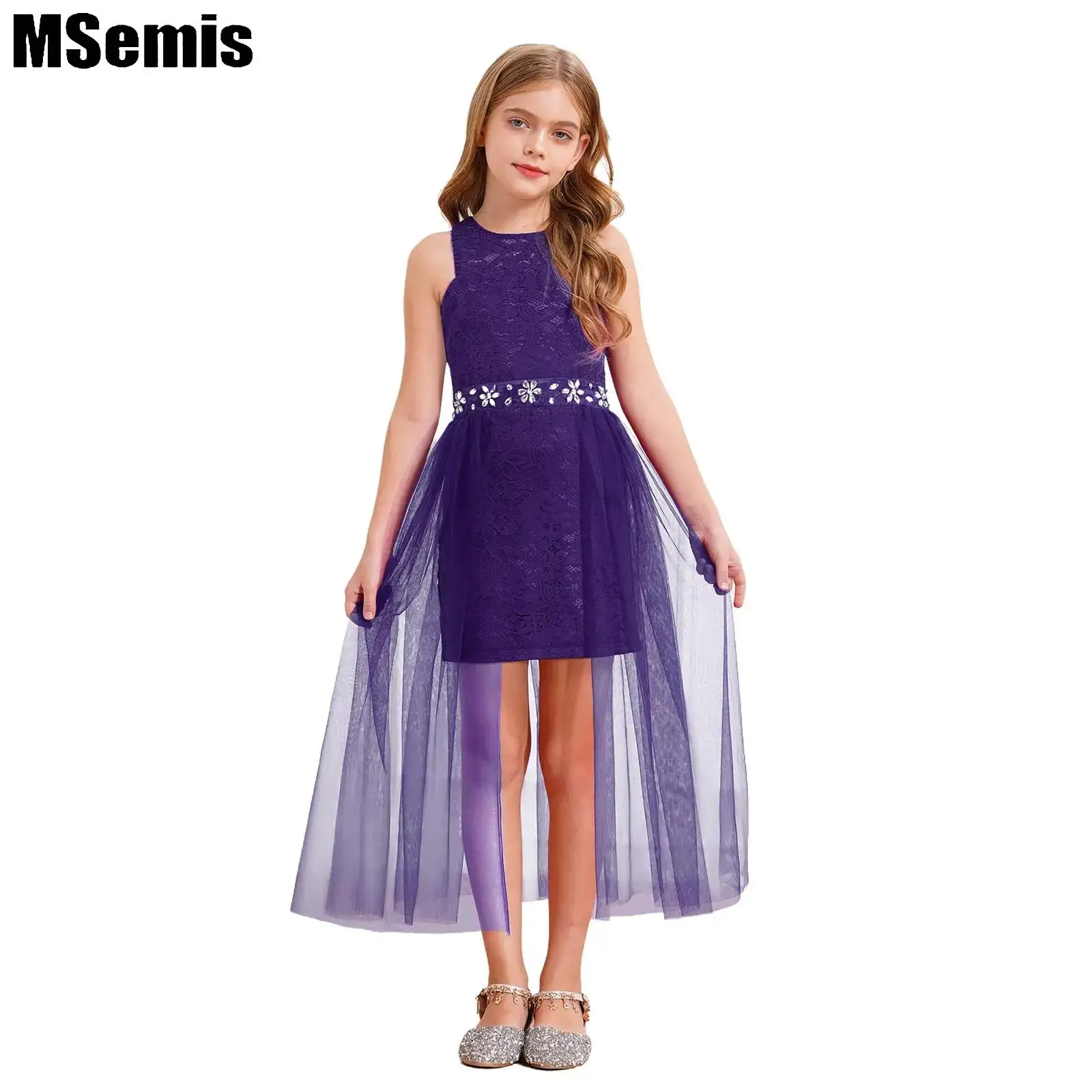 Kinder Mädchen Tüll Spitze Länge Kleid Gefälschte Diamant Verziert Taille Hohe Taille Oberschenkel Kleid für Hochzeit Party Festzug