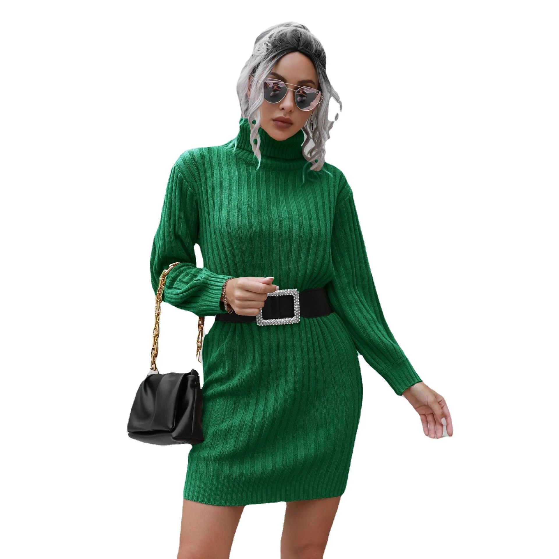 Autumn Winter New Women Pit Strip Turtleneck Sweater Skirt Lantern Sleeve Knitted Belt Short Stripe Dress Female Casual Clothing