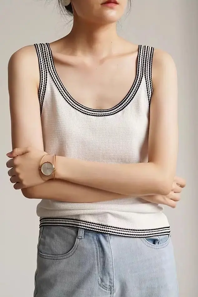 

Летняя женская контрастная майка без рукавов, плотный ребристый женский вязаный жилет на бретелях, простая повседневная базовая одежда для фитнеса Z978