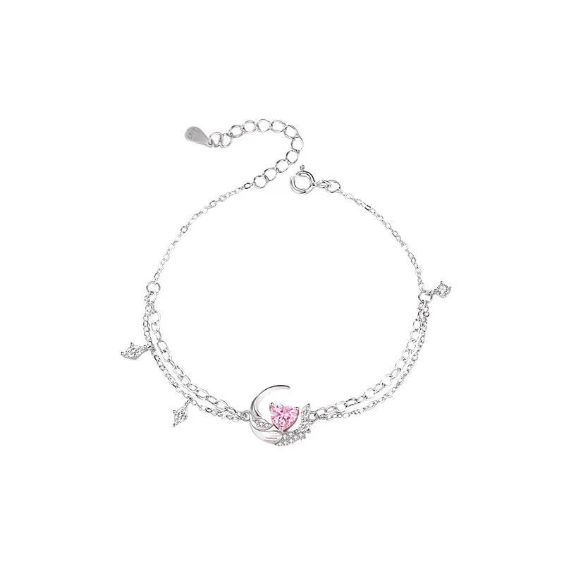 European Pink Heart AAA CZ S925 Sterling Silver Necklace Chain Love Wing For Women Birthday Jewelry