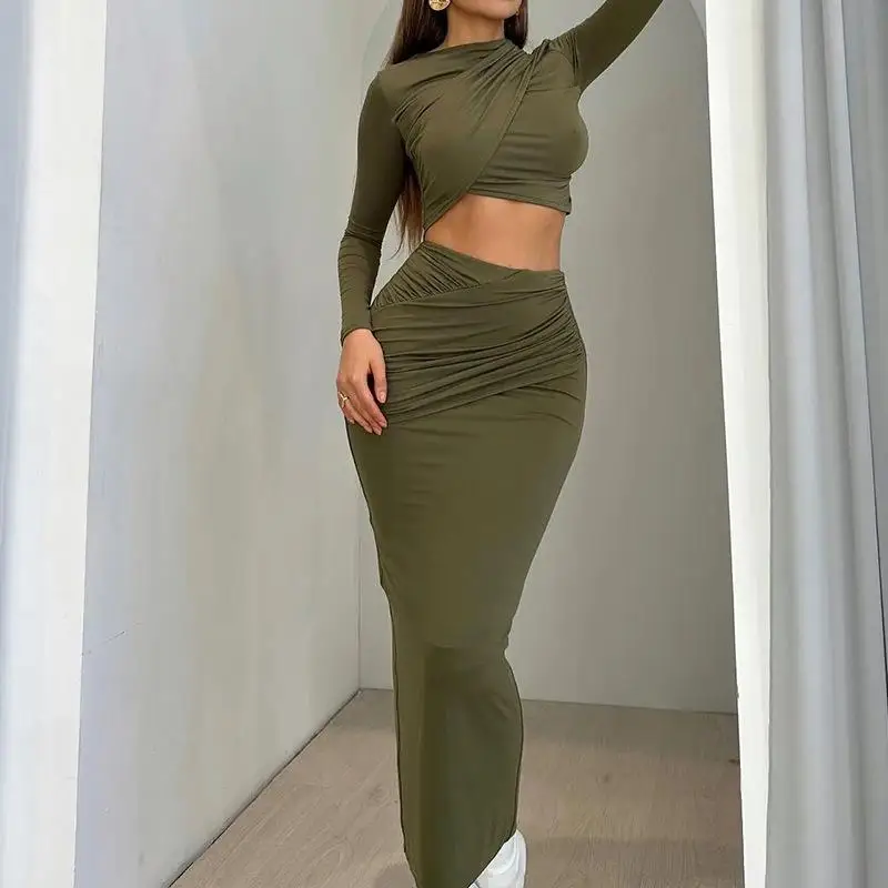 Fashionable Solid Color Round Neck Irregular Long Sleeve Navel Top Casual Skirt Two-piece Set for Trendy Women