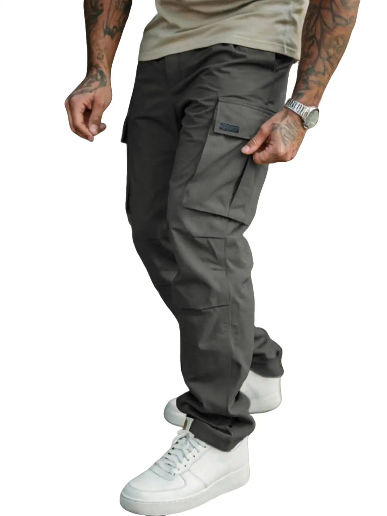 Herren Einfarbige Cargohose Regular Fit Lässige Gerade Hose mit Pattentaschen und Kordelzug für den Alltag – Detail 14