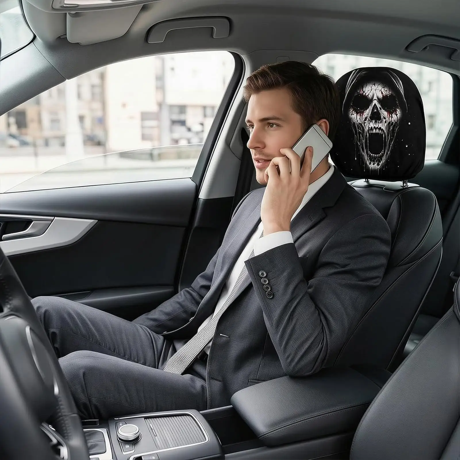 Universal Two-Pack Scary Skull Printed Headrest Covers Spooky Automotive Interior Accessories Flexible Protective Sleeve Case