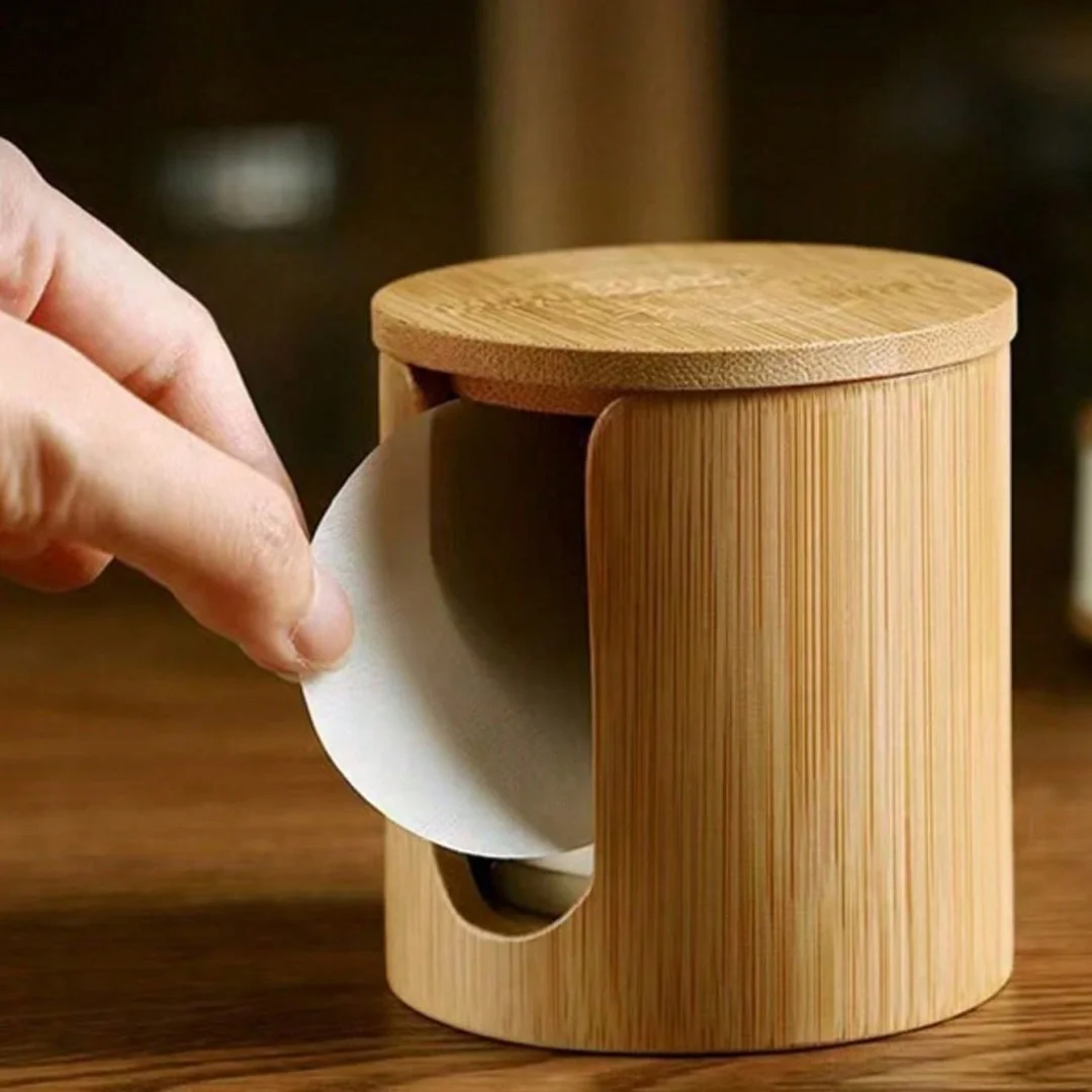 Bamboo Storage Box, Round Cotton Pad Dispenser, Tissue Box Cosmetic Organizer for Cotton Swabs Face Pads Bathroom Vanity Storage