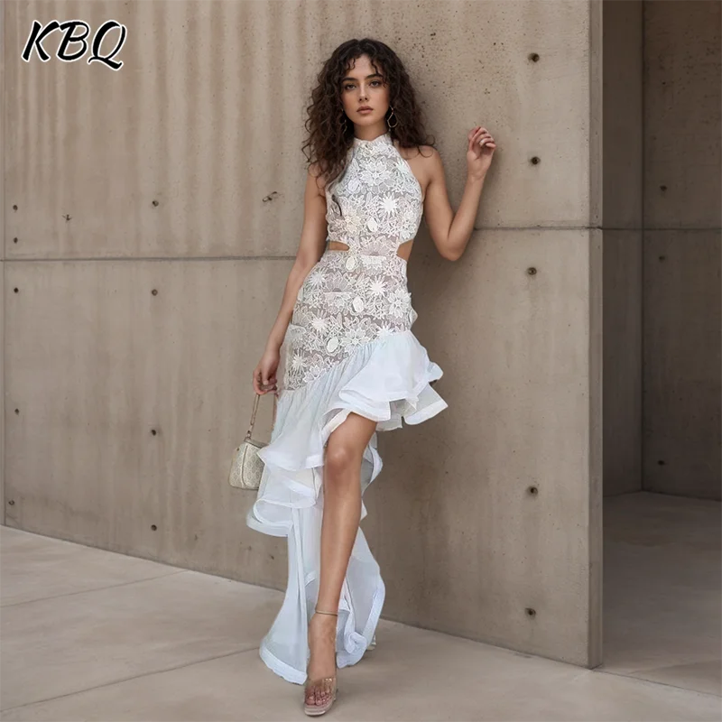 

KBQ Solid Hollow Out Dresses For Women Halter Sleeveless High Waist Spliced Appliques Irregular Elegant Long Dress Female New