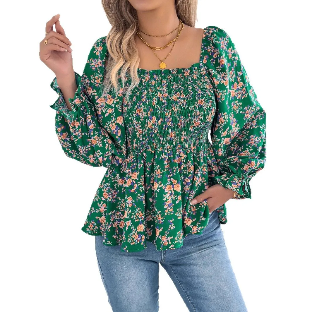 Women Spring Summer Chiffon Blouse and Shirts Long Sleeve Sequre Collar Floral Printing Shirt Tops blusas