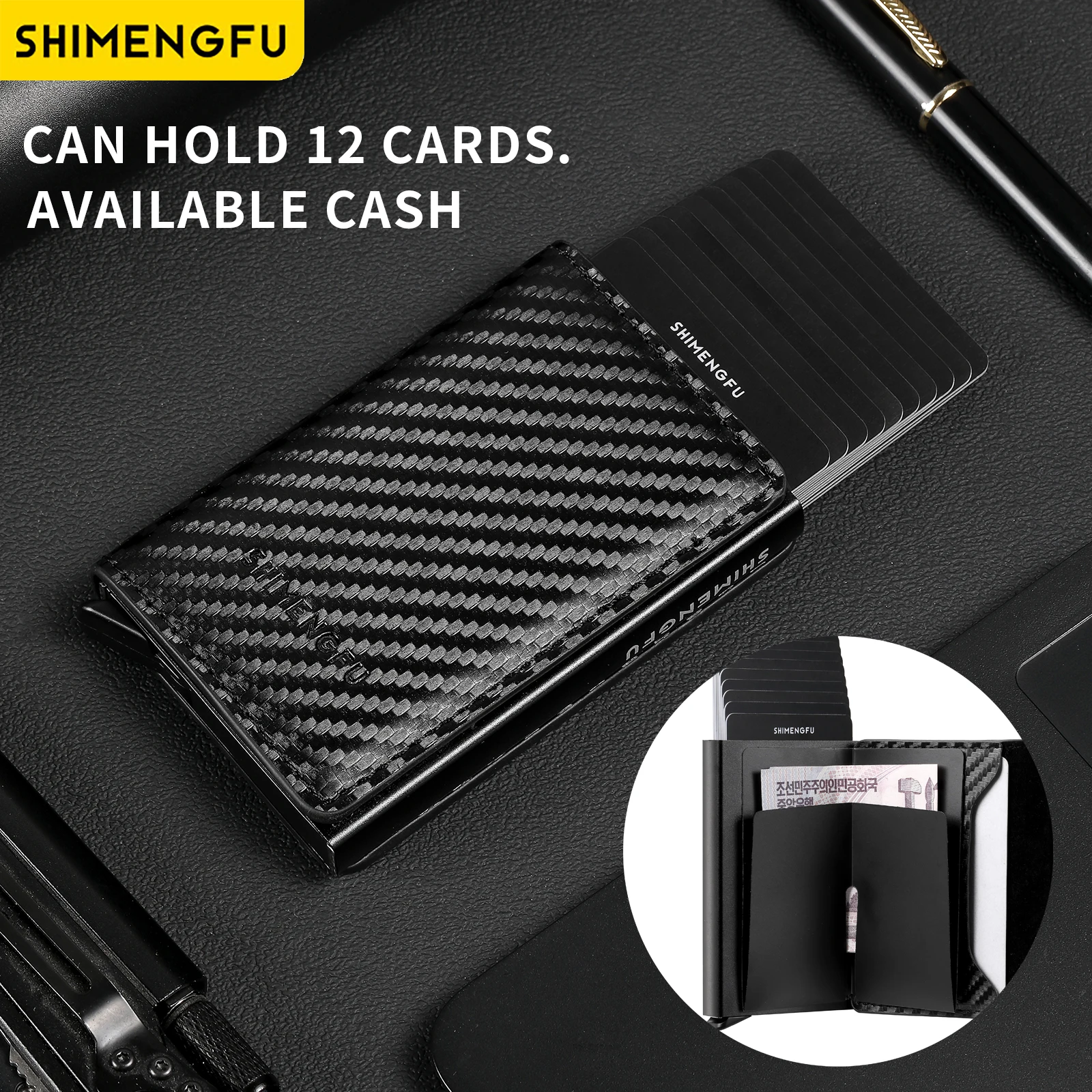 Men's RFID Blocking Credit Card Holder Aluminum Wallet with Money Clip Protective Designer Compact 12-Slot Card Holder