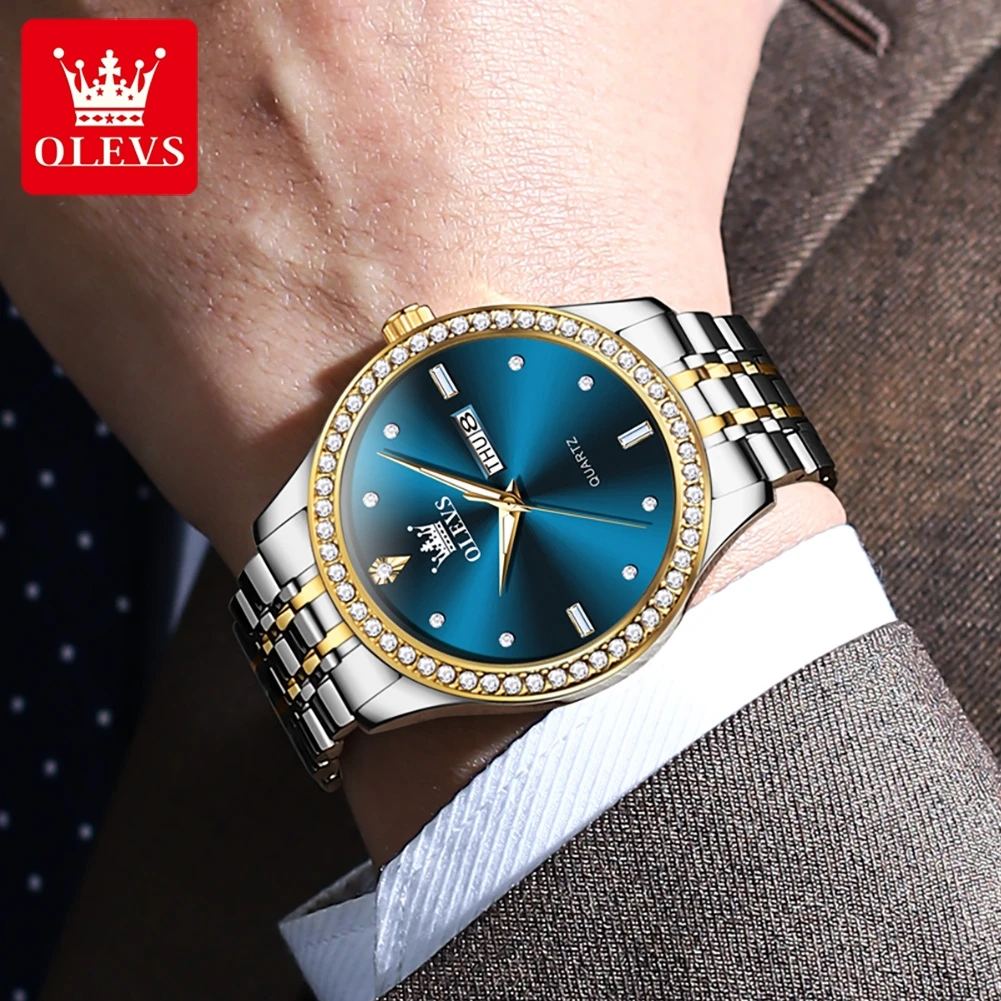 OLevs 3625นาฬิกาผู้ชาย, นาฬิกาควอทซ์สแตนเลสกันน้ำปฏิทินคู่แบรนด์หรูนาฬิกาข้อมือสำหรับผู้ชายของแท้