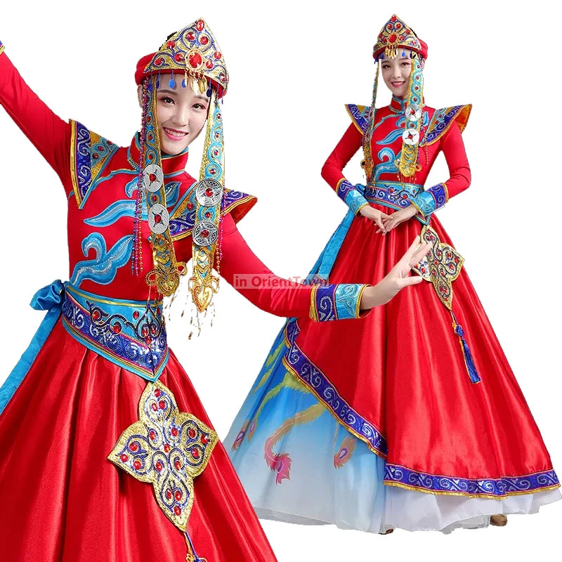 Chinese performance Folk Dance wear Classical long Mongolian Dance clothing ethnic minority dress Stage Costumes for Singers