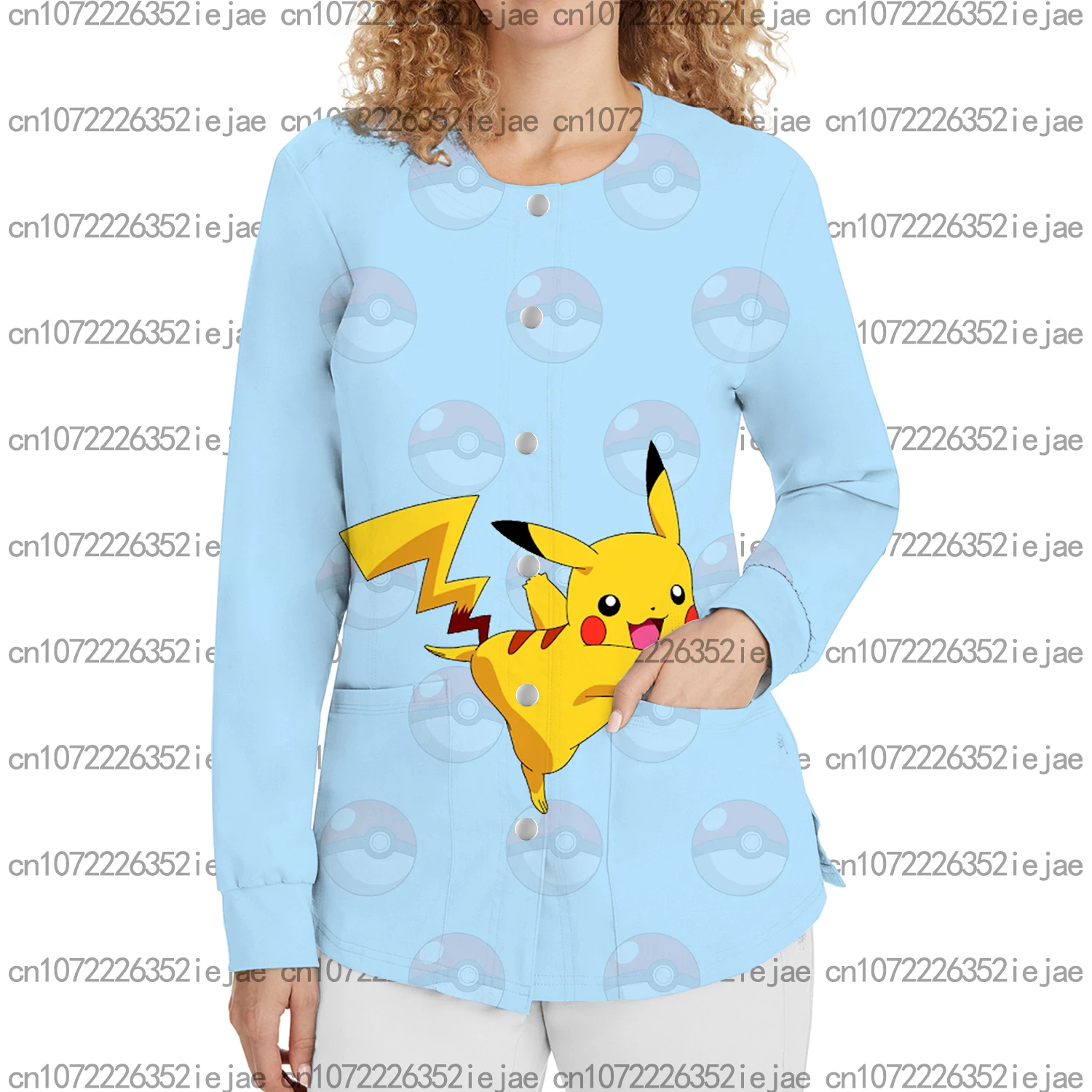 秋と冬の新ポケモンピカチュウプリントダブルポケット長袖スナップボタンスクラブジャケット医療医療ワークコート