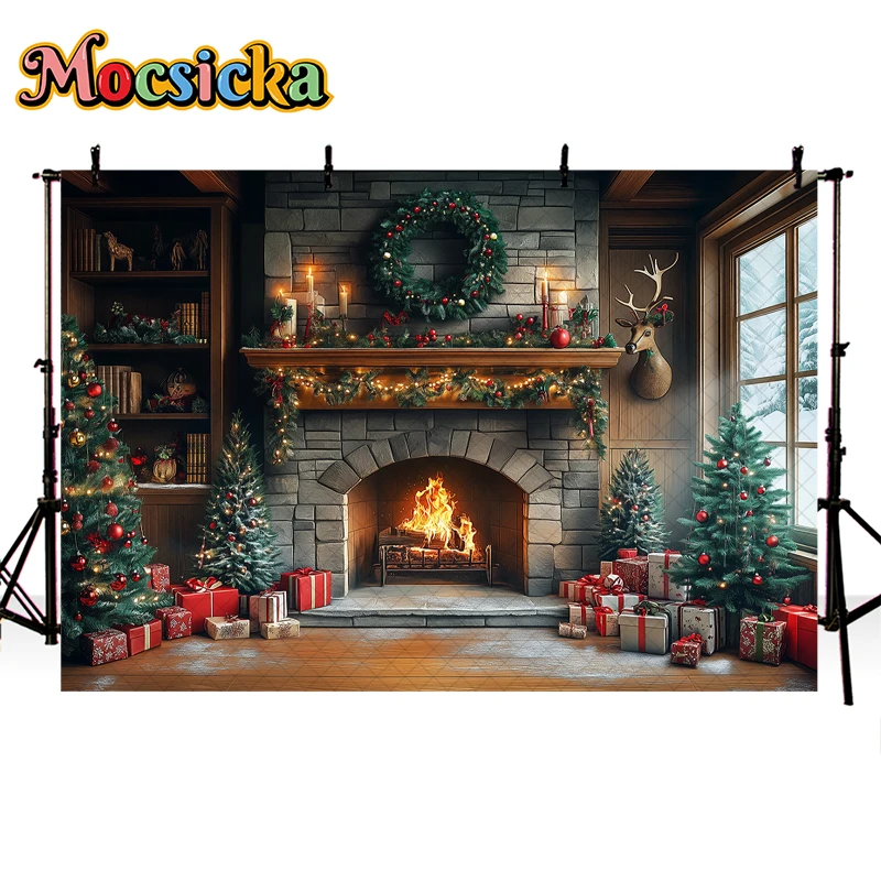 Mocsicka Photography Background Winter Christmas Vintage Fireplace Xmas Trees Kids Family Portrait Decor Backdrop Photo Studio