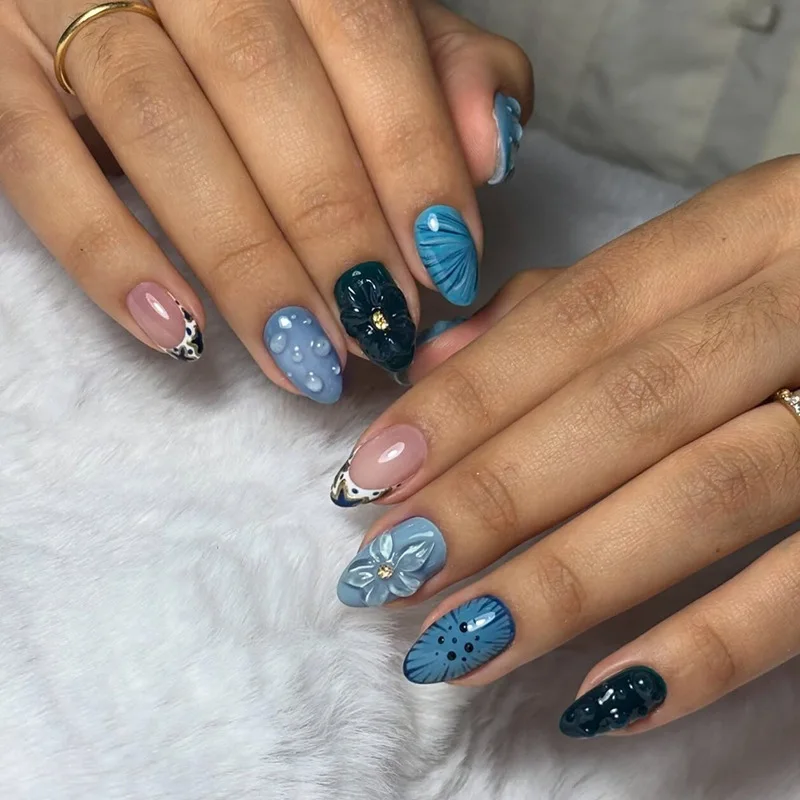 

24Pcs Mid-length Almond False Nails Star Smudge French Wearable Press on Fake Nails Blue 3D Flower Design Full Cover Nails Tips
