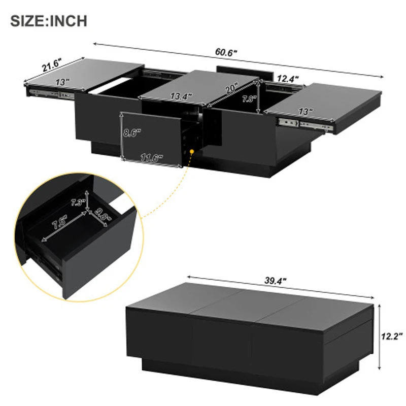 Couchtisch mit 2 großen versteckten Ablagefächern, ausziehbarer Cocktailtisch mit 2 Schubladen, 39,3 x 21,6 Zoll, Schwarz